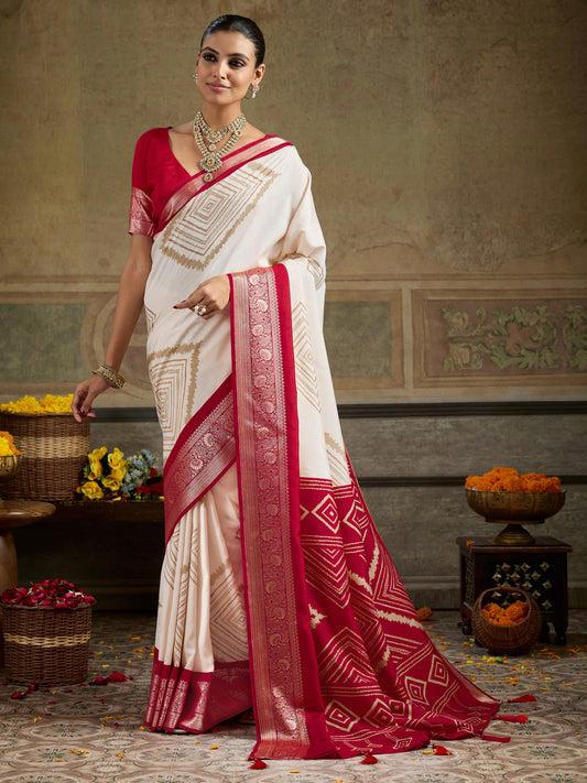 White geometric tussar silk saree with red blouse piece