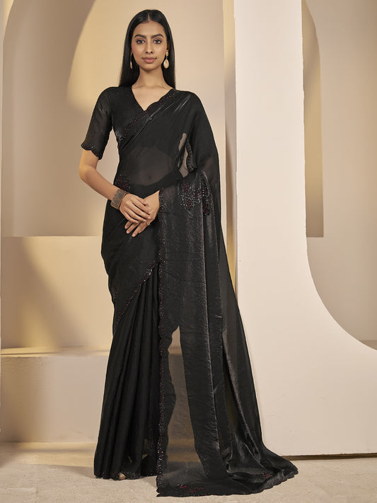 Black embellished satin silk saree with black blouse piece