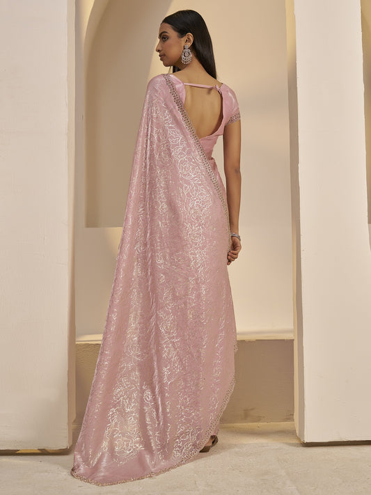 Pink satin silk saree view 1