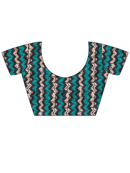 Unstitched teal green silk blend blouse piece with chevron design