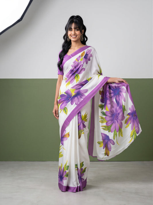 Woman wearing purple chiffon saree with all-over floral design and purple blouse