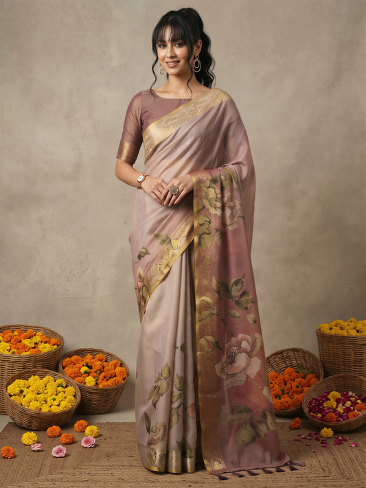 Woman wearing beige kanjeevaram silk saree with all-over floral design and brown blouse