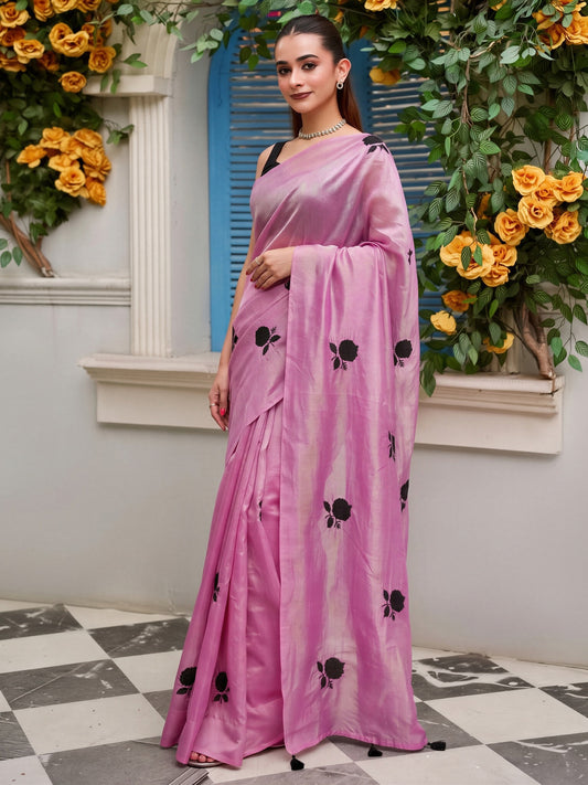Pink floral satin saree with black blouse piece
