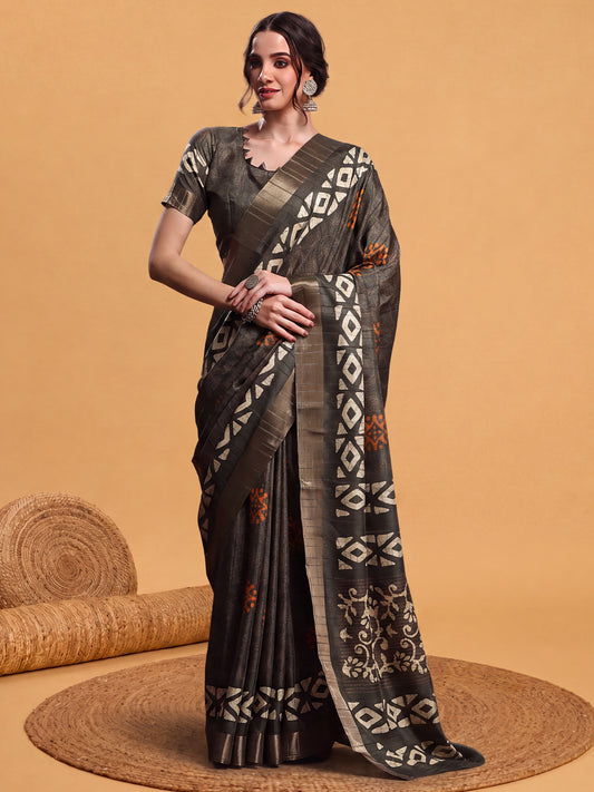 Woman wearing olive silk blend saree with hand block-printed motifs and olive blouse