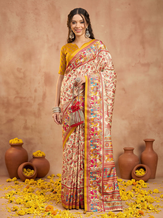 Woman wearing assorted silk blend saree with metallic foil print work and mustard blouse