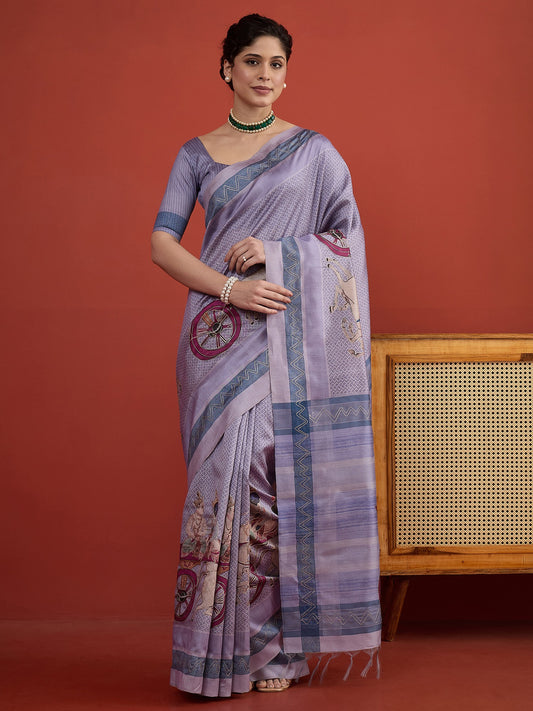Light Blue ethnic motif art silk saree with light blue blouse piece
