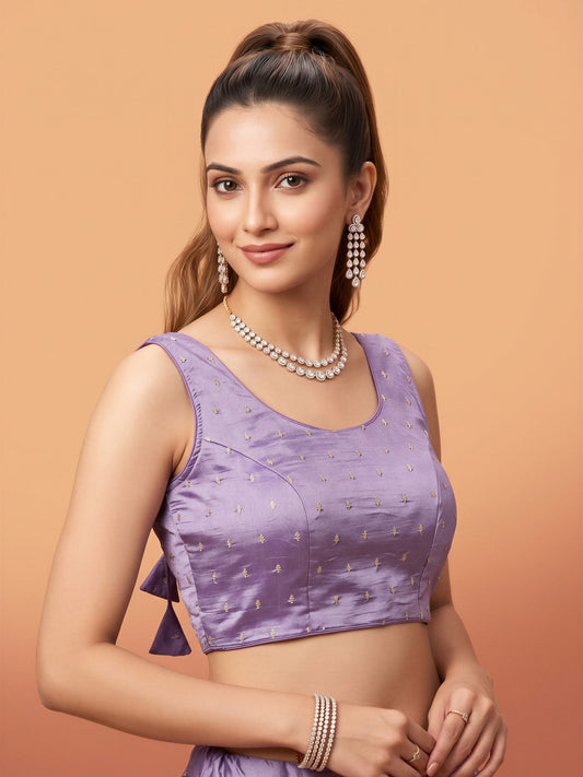 Lavender sequin embellished silk blend sleeveless readymade saree blouse with round neck