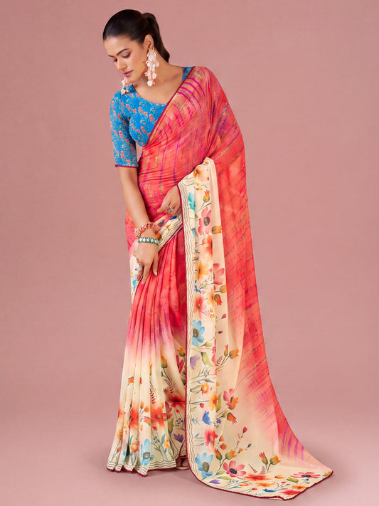 Woman wearing pink georgette saree with all-over floral design and light blue blouse