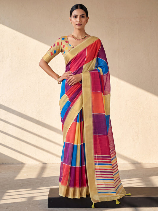 Woman wearing multicolored linen saree with colorblocked design and beige blouse