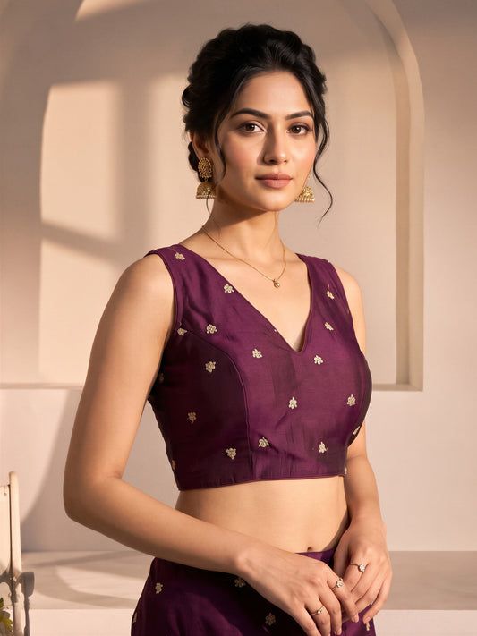 Wine sequin embellished vichitra silk sleeveless readymade saree blouse with v neck