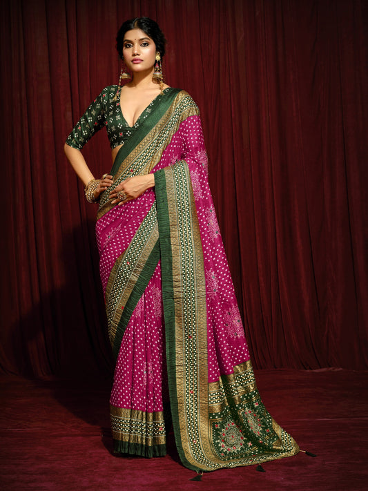 Pink foil tussar silk saree with dark green blouse piece
