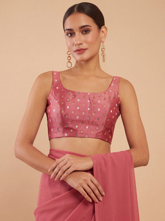 Peach zari woven georgette sleeveless readymade saree blouse with round neck