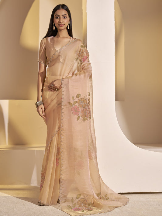 Peach embellished organza saree with peach blouse piece