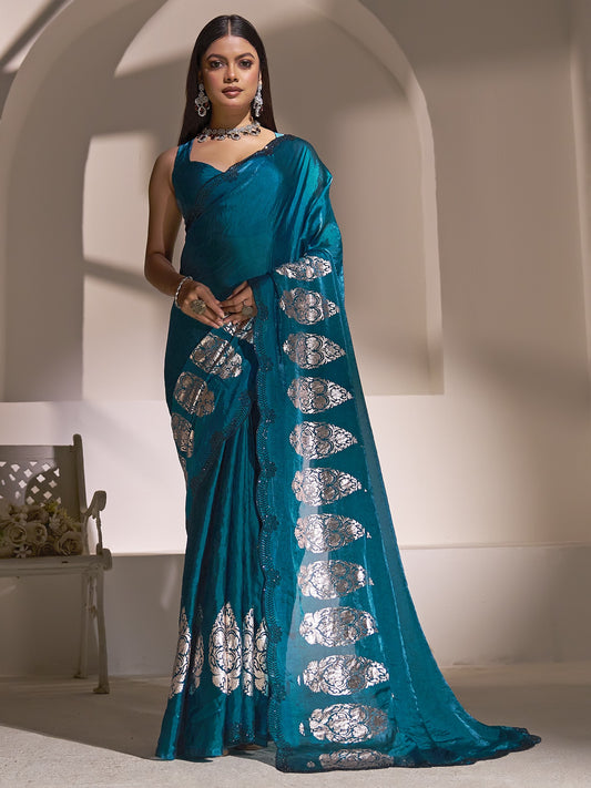 Teal Blue foil satin silk saree with teal blue blouse piece
