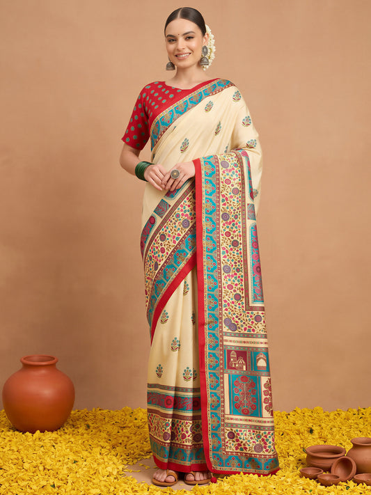 Woman wearing cream silk blend saree with metallic foil print work and red blouse