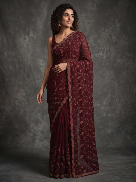 Wine embellished satin saree with wine blouse piece