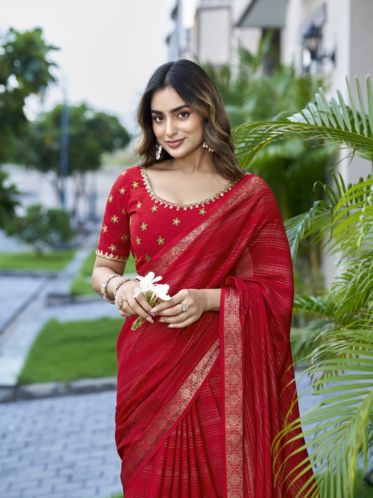 Red jacquard saree view 1