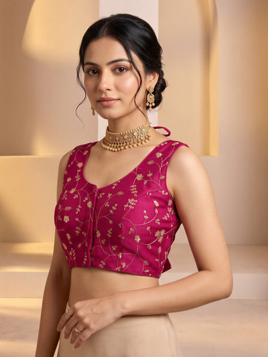 Magenta sequin embroidered vichitra silk sleeveless readymade saree blouse with round neck