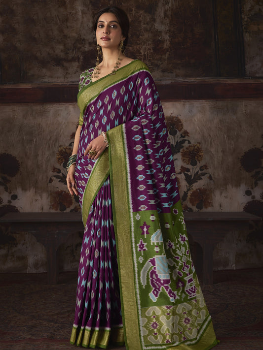 Purple ikat silk blend saree with olive blouse piece