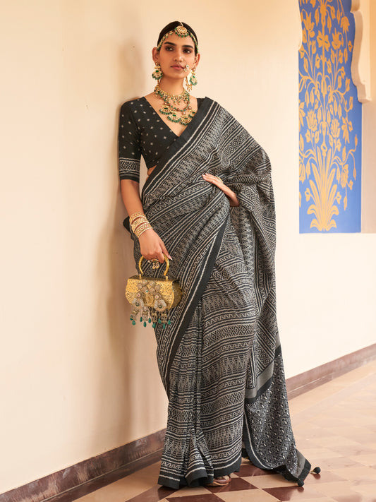 Black geometric silk blend saree with black blouse piece