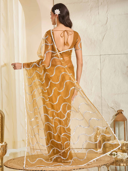 Light Brown Net saree – detail view 1