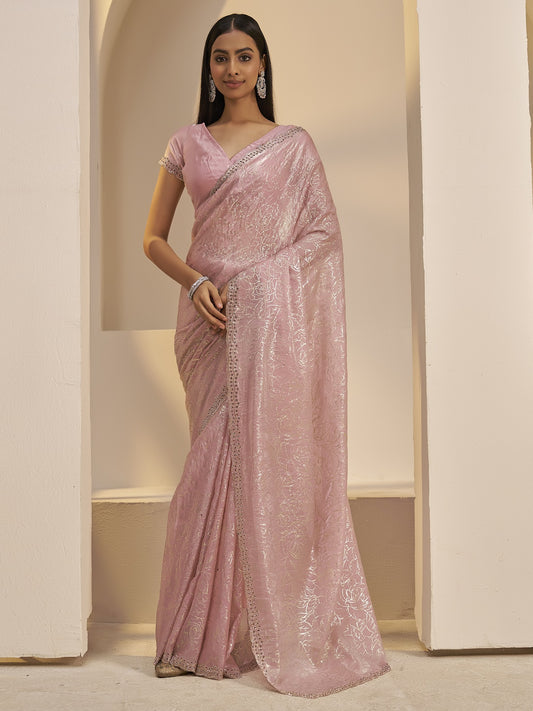 Pink foil satin silk saree with pink blouse piece
