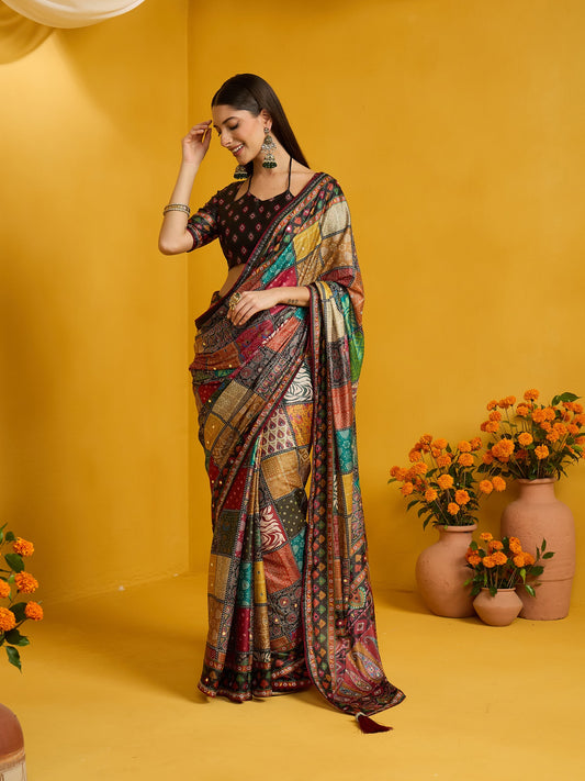 Woman wearing multicolored silk blend saree with ornamented surface design and black blouse