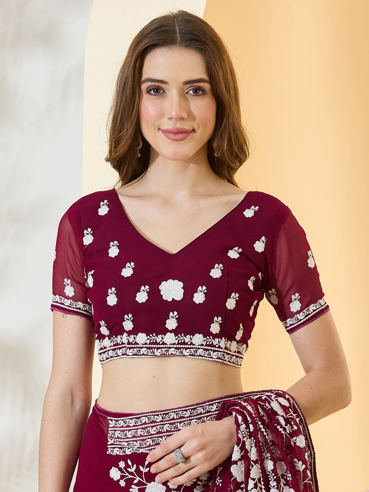 Unstitched wine georgette blouse piece with embroidered design
