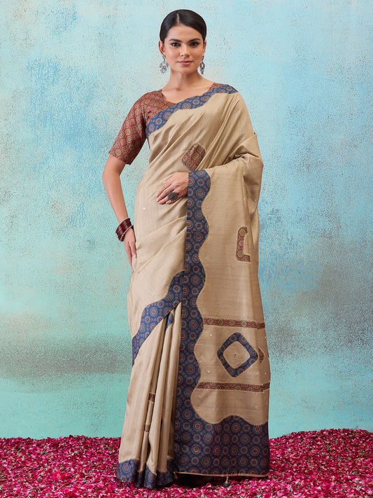 Light Brown applique silk blend saree with rust blouse piece