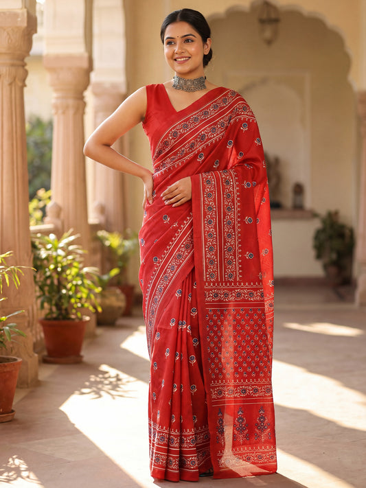 Red Ajrakh Block Print Silk Saree with Floral Buttas & Red Blouse