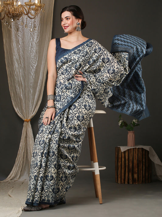 Ivory Bagh Block Print Silk Saree with Steel Blue Floral Vine Body & Chevron Pallu