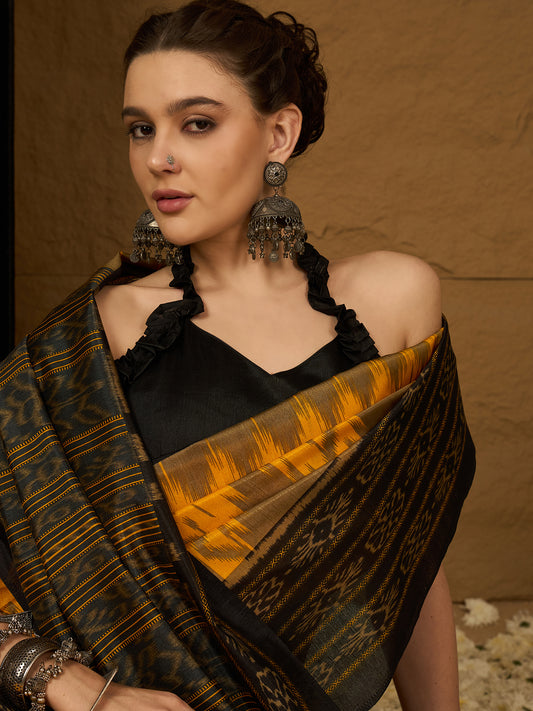 Yellow & Black Ikat Bagalpuri Silk Saree