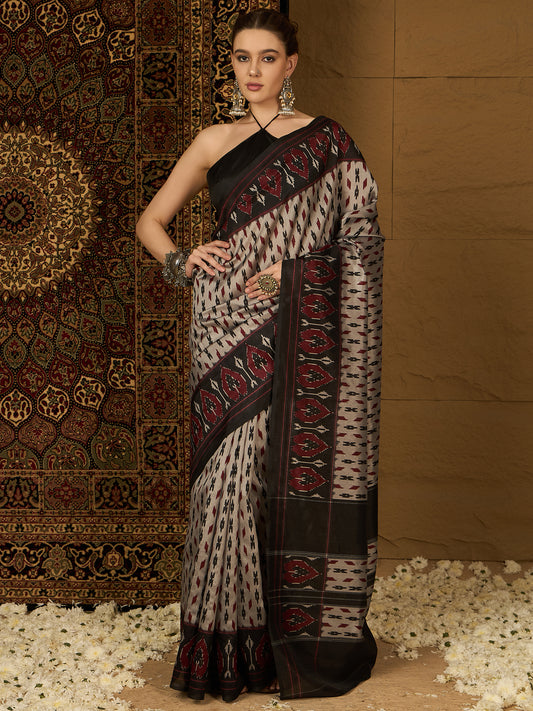 Beige Bhagalpuri Silk Ikat Print Saree