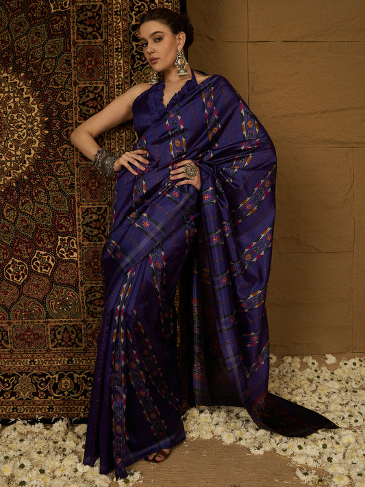 Royal Blue Ikat Bhagalpuri Silk Saree