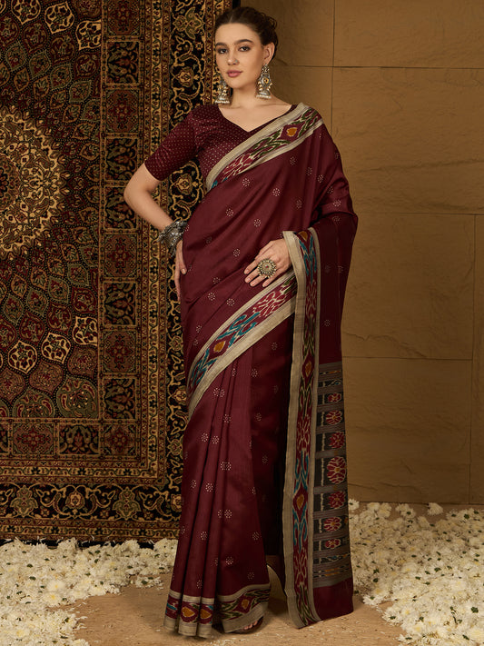 Deep Maroon Ikat Bhagalpuri Silk Saree