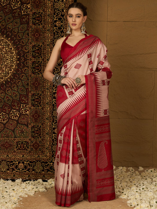 Blush Pink & Crimson Red Ikat Bhagalpuri Silk Saree
