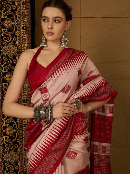 Blush Pink & Crimson Red Ikat Bhagalpuri Silk Saree
