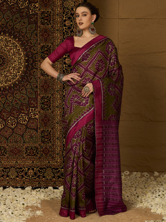 Olive Green & Magenta Ikat Bhagalpuri Silk Saree