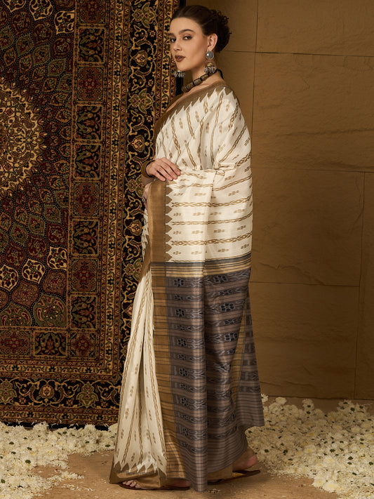 Off-White Ikat Bagalpuri Silk Saree