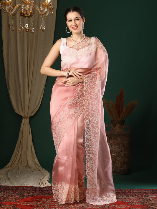 Pink Organza Saree with Rose Embroidery Border
