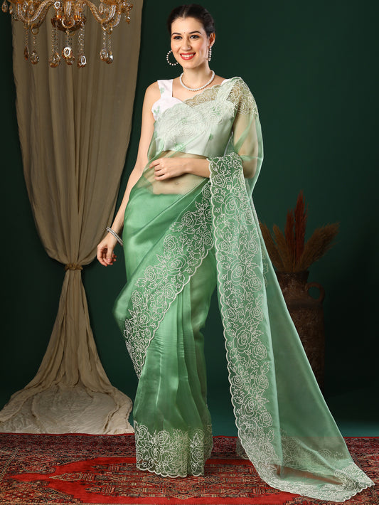 Mint Green Organza Saree with Floral Embroidery Border