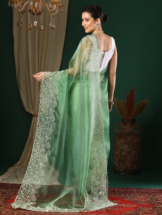 Mint Green Organza Saree with Floral Embroidery Border