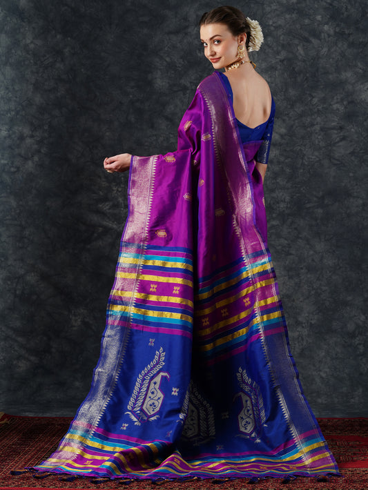 Purple Patola Silk Saree with Blue Zari Border