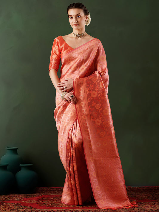 Peach Banarasi Silk Saree with All-Over Zari Floral Weave