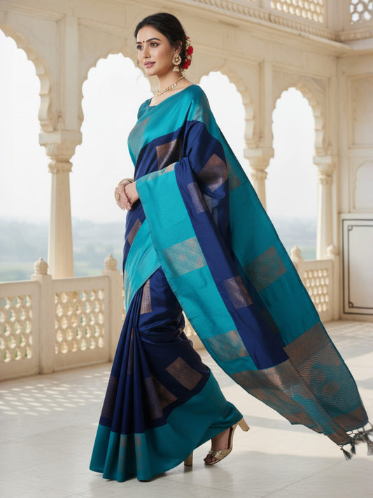 Navy Blue & Teal Silk Saree with Zari Weave