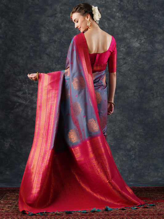 Teal & Pink Banarasi Silk Saree with Zari Border |