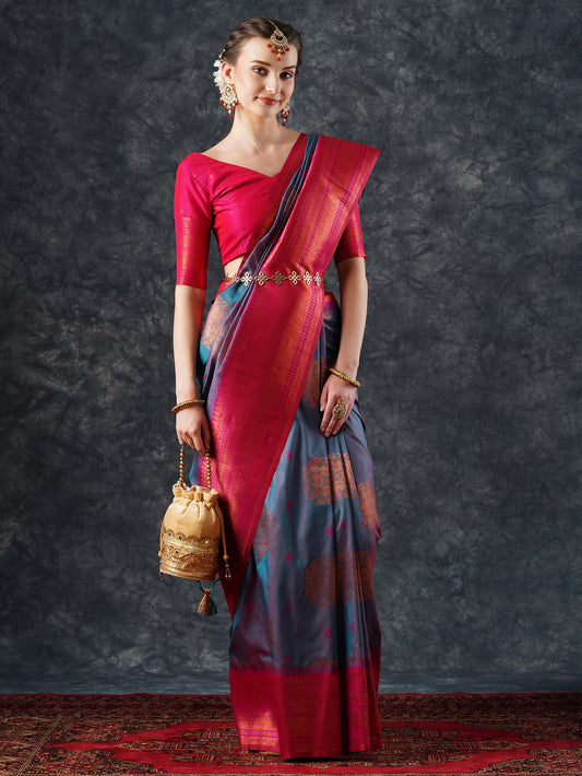 Teal & Pink Banarasi Silk Saree with Zari Border |