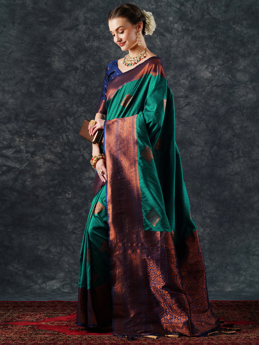 Teal & Purple Patola Silk Saree with Zari Border |