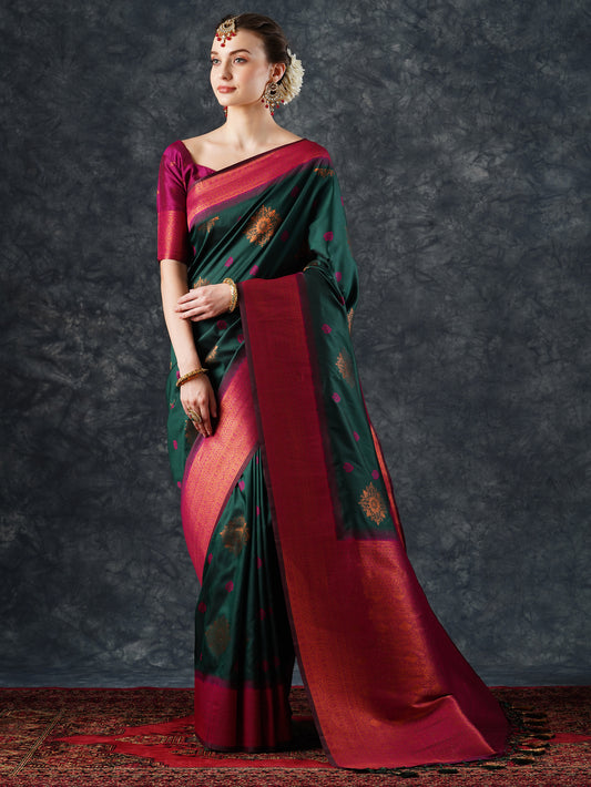 Bottle Green Kanjivaram Silk Saree with Magenta Zari Border