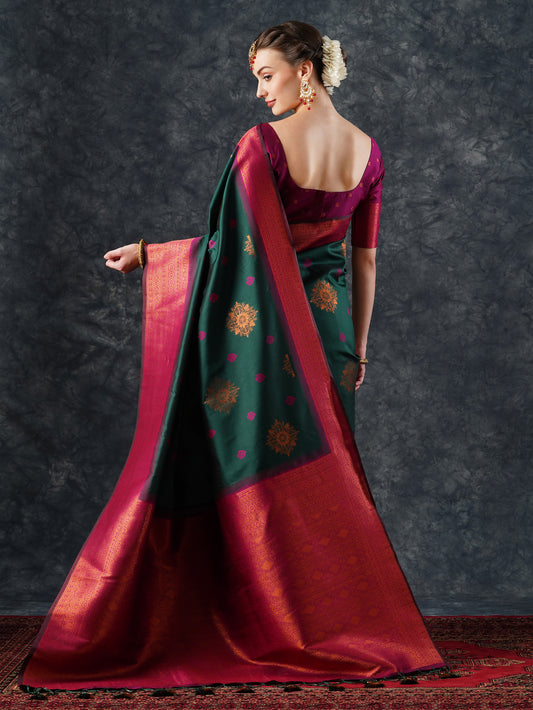 Bottle Green Kanjivaram Silk Saree with Magenta Zari Border